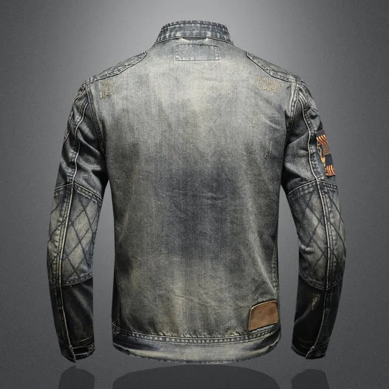 Men's Vintage Stand Collar Zippered Motorcycle Denim Jacket 20754326M sold by Manly product image thumbnail 5