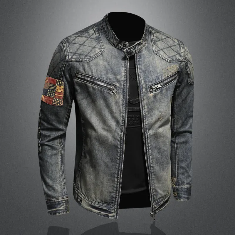 Men's Vintage Stand Collar Zippered Motorcycle Denim Jacket 20754326M sold by Manly product image thumbnail 3