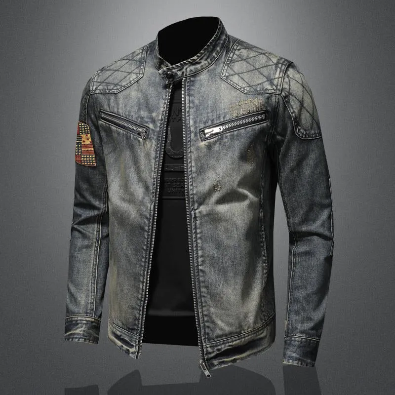 Men's Vintage Stand Collar Zippered Motorcycle Denim Jacket 20754326M sold by Manly product image thumbnail 2