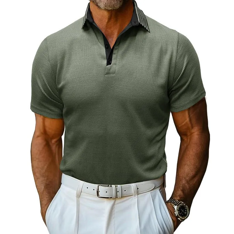 Men's Casual Waffle Lapel Short Sleeve Polo Shirt 48937748M sold by Manly