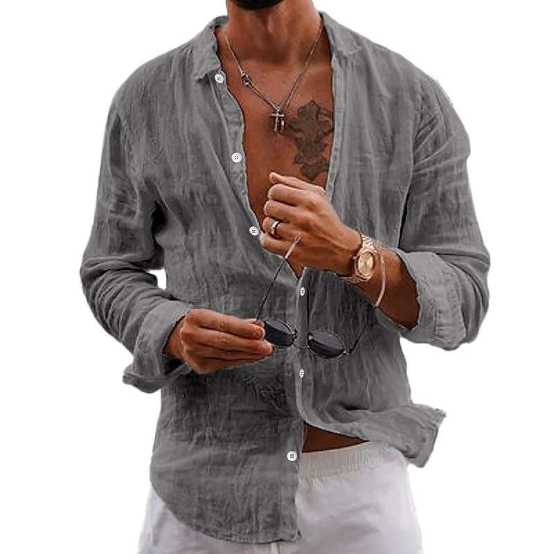 【24-hour shipping out】Men's Casual Solid Color Lapel Cotton Linen Long-Sleeved Shirt 76098441M sold by Manly