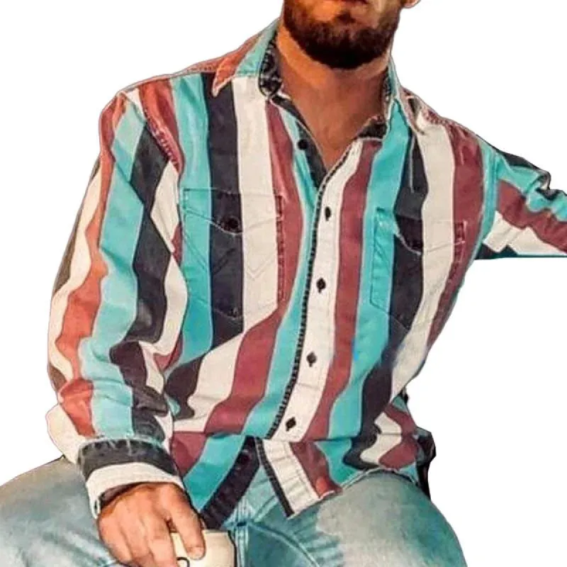 Men's Retro Color Block Stripe Printed Loose Long Sleeve Shirt 56477625M sold by Manly