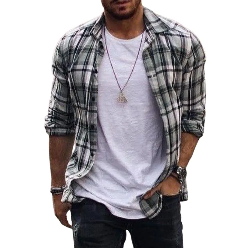 Men's Casual Retro Street Plaid Long Sleeve Shirt 80183601TO sold by Manly