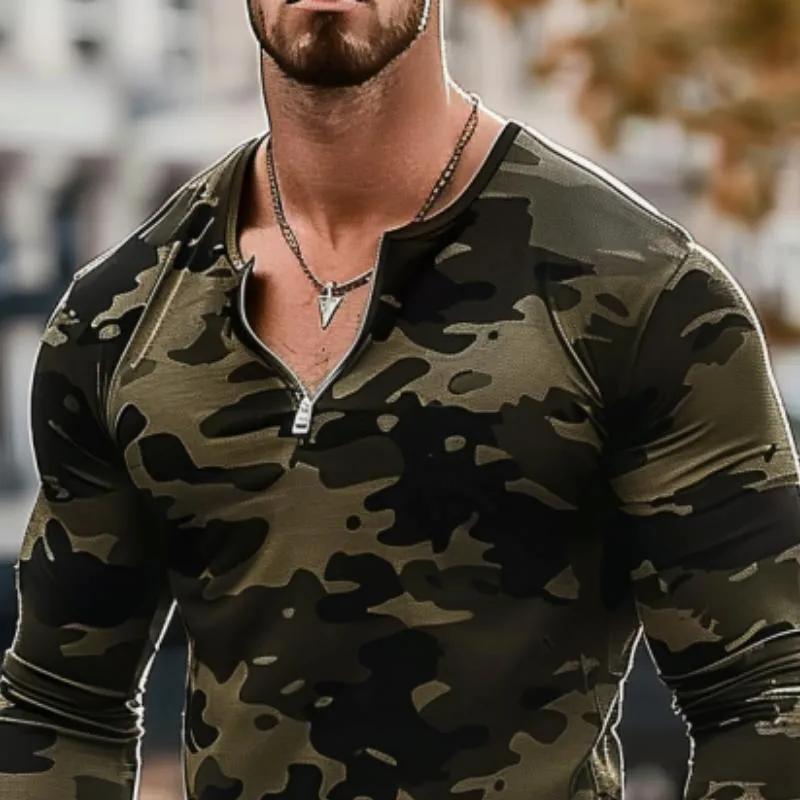 Men's Camouflage Print Zipper V Neck Long Sleeve T-Shirt 80887520Y sold by Manly product image thumbnail 2