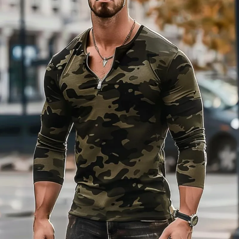 Men's Camouflage Print Zipper V Neck Long Sleeve T-Shirt 80887520Y sold by Manly product image thumbnail 3
