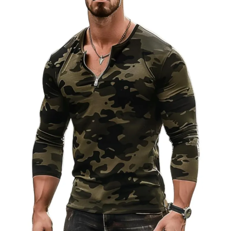 Men's Camouflage Print Zipper V Neck Long Sleeve T-Shirt 80887520Y sold by Manly
