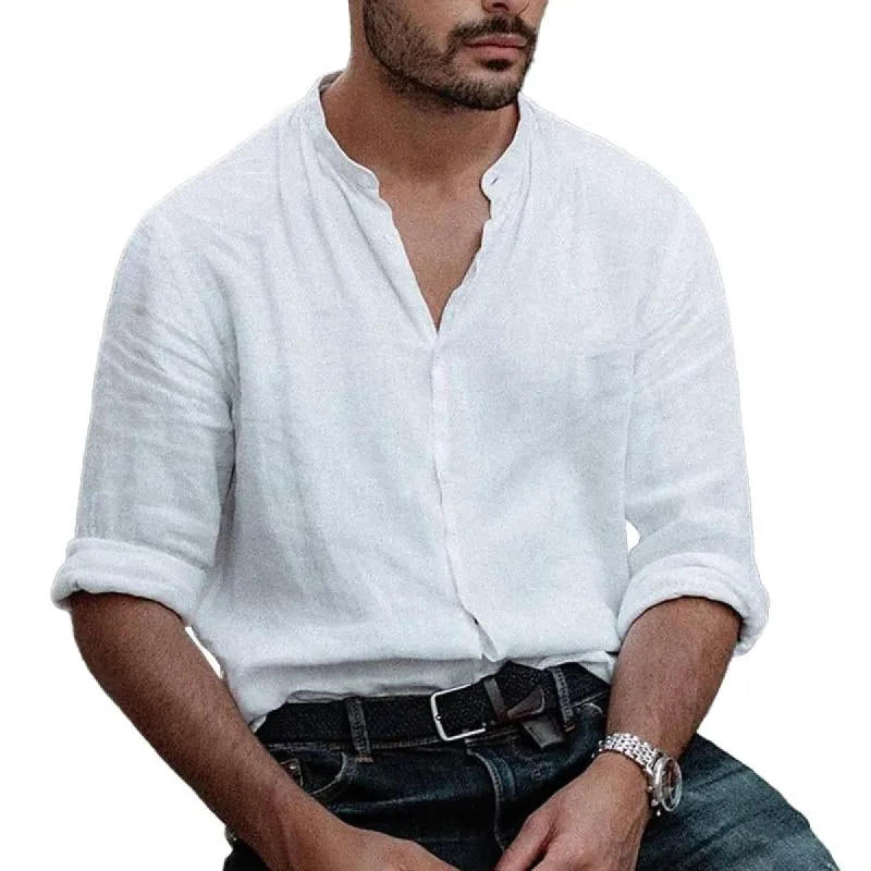Men's Casual Solid Color Stand Collar Cotton Linen Long-Sleeved Shirt 10812902M sold by Manly