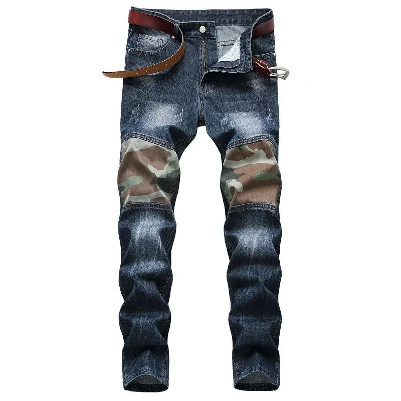 Men's Fashion Camo Patchwork Distressed Slim Jeans 08108871Z sold by Manly