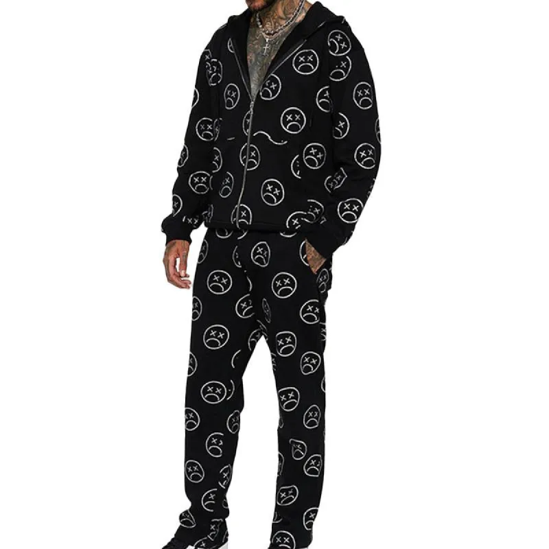 Men's Casual Sports Print Zipper Hooded Jacket Loose Pants Set 32740948M sold by Manly