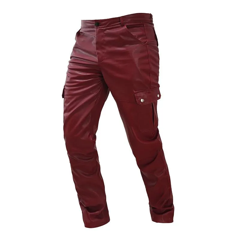 Men's Retro Punk Solid Color Flap Pocket Slim Fit Leather Pants 13738164M sold by Manly