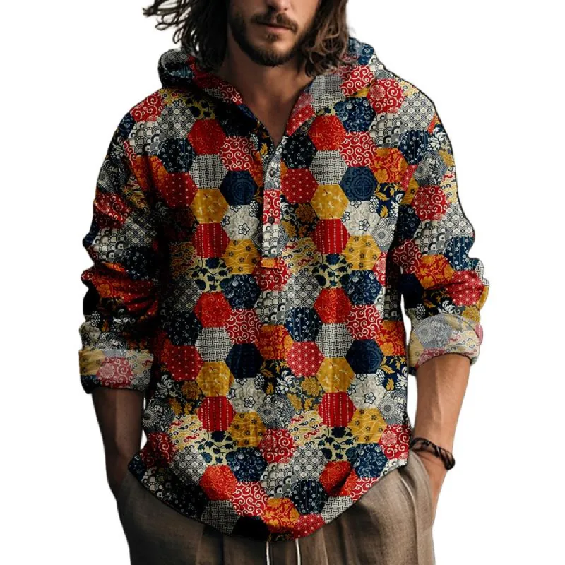Men's Casual Printed Hooded Long-sleeved Loose Pullover Shirt 01620802M sold by Manly
