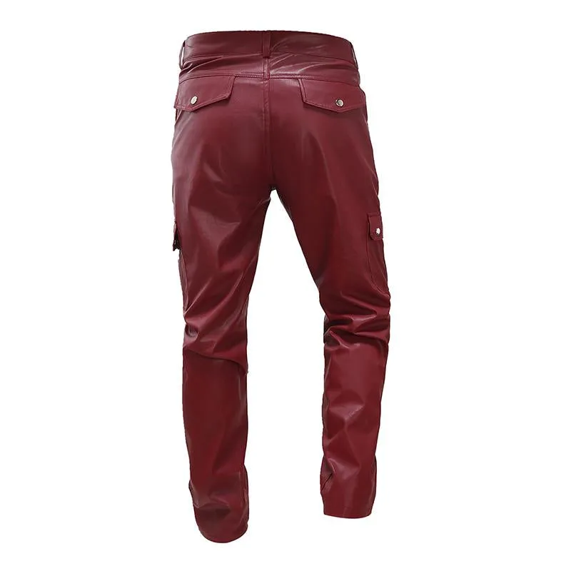 Men's Retro Punk Solid Color Flap Pocket Slim Fit Leather Pants 13738164M sold by Manly product image thumbnail 3