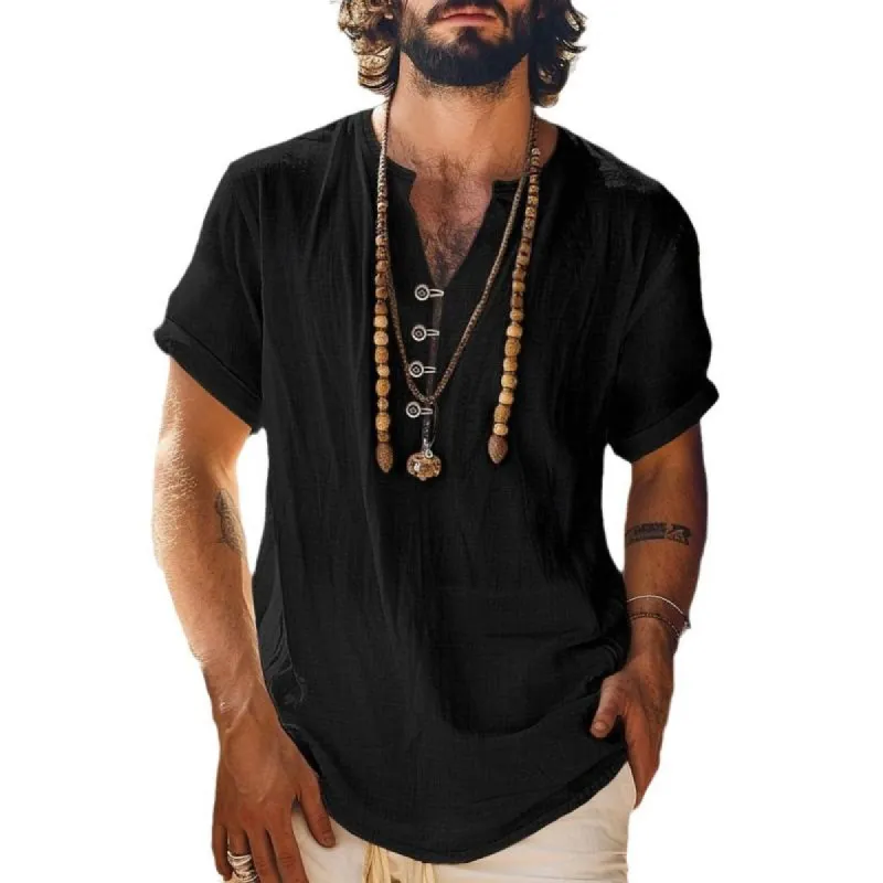 Men's Casual Cotton Linen Button V-neck Loose Short-sleeved T-shirt 09875002M sold by Manly
