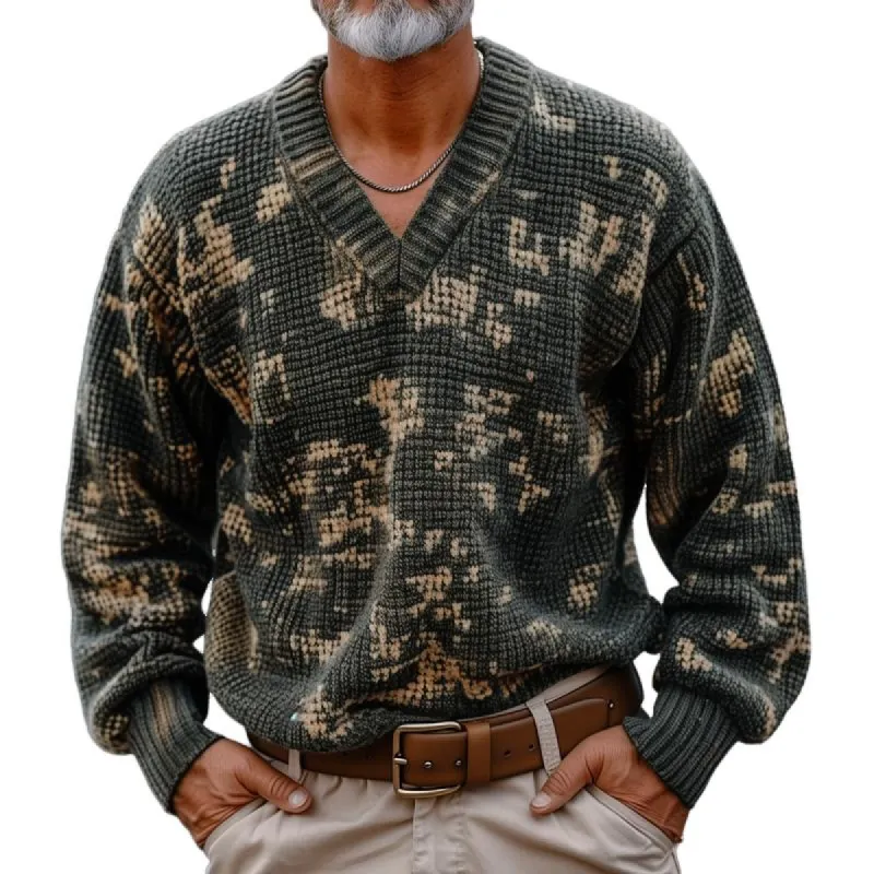 Men's Fashion Camouflage Style Pattern V Neck Long Sleeve Knitted Sweater 61693797Z made by Manly