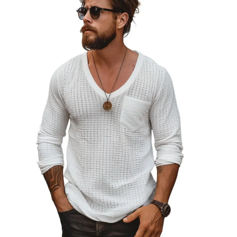 Men's Casual V-neck Waffle Patch Pocket Slim Fit Long Sleeve T-shirt 82316008M sold by Manly