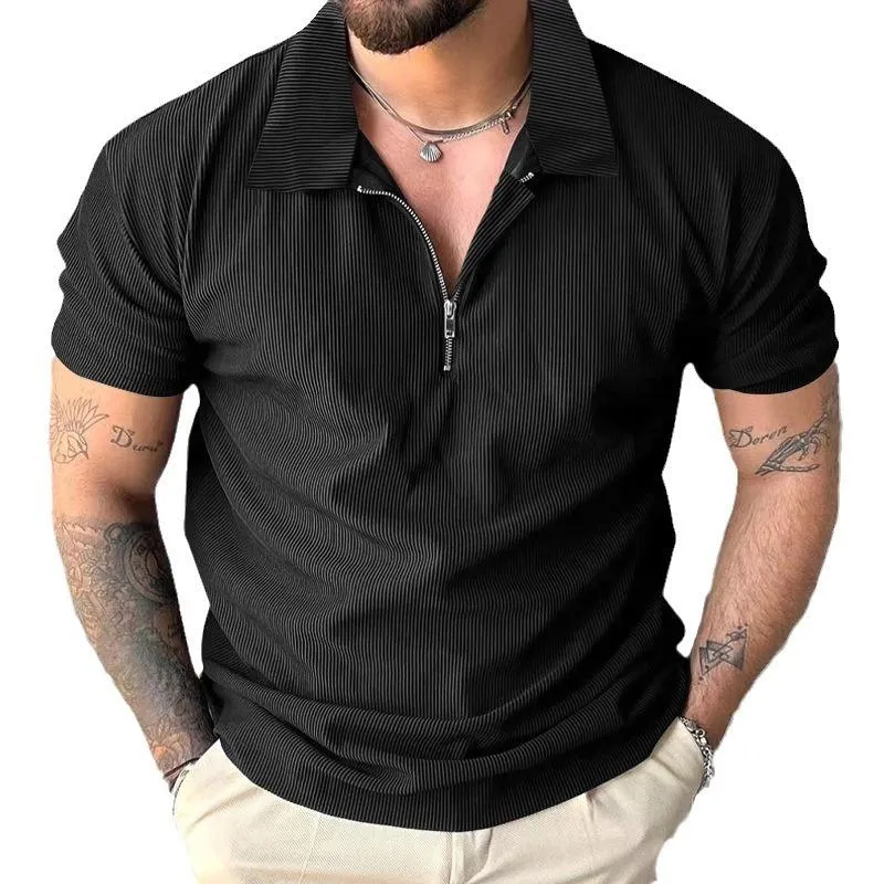 Men's Casual Solid Color Lapel Zipper Slim Short Sleeve Polo Shirt 00880539M sold by Manly
