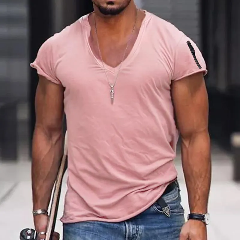 8470Men's Solid Color V-neck Zipper Short-sleeved T-shirt 1414X sold by Manly product image thumbnail 4