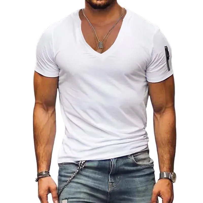8470Men's Solid Color V-neck Zipper Short-sleeved T-shirt 1414X sold by Manly