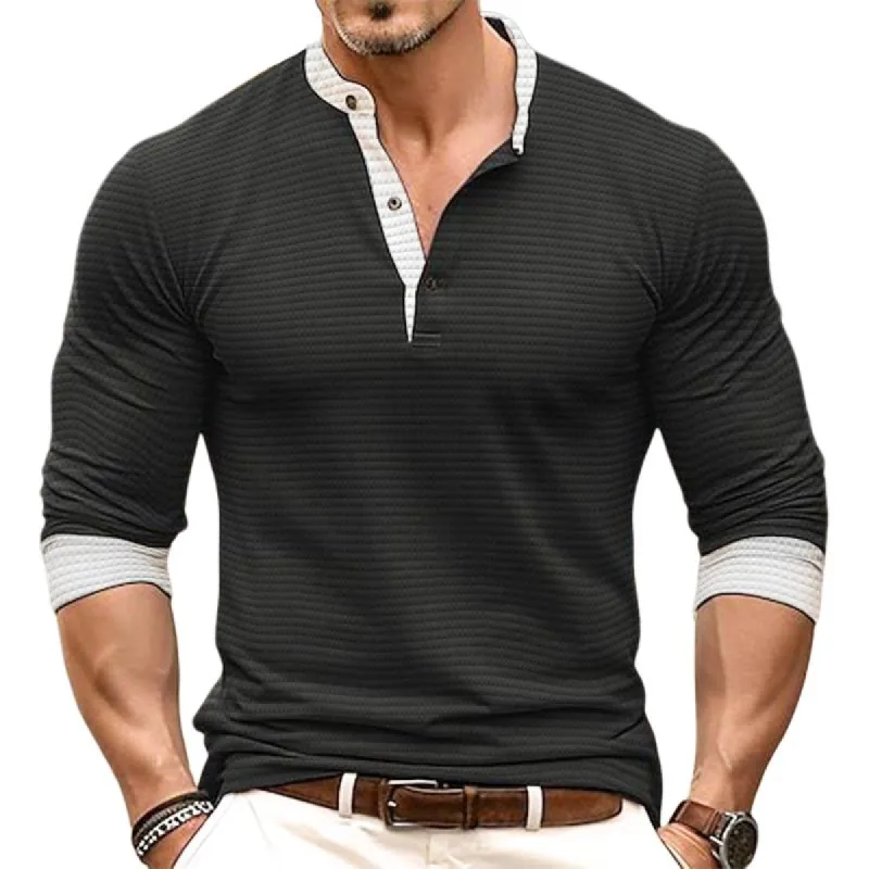 Men's Casual Retro Colorblock Waffle Collar Long Sleeve T-shirt 97668276TO sold by Manly
