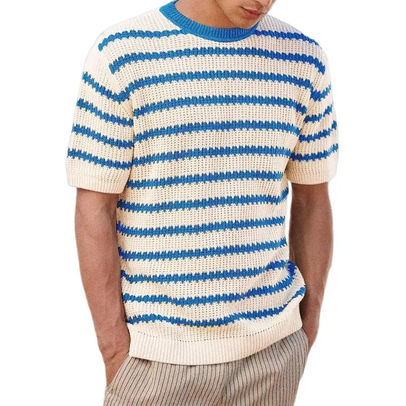 Men's Casual Striped Color Block Crew Neck Short-Sleeved Knitwear Sweater 73182556M sold by Manly product image thumbnail 3