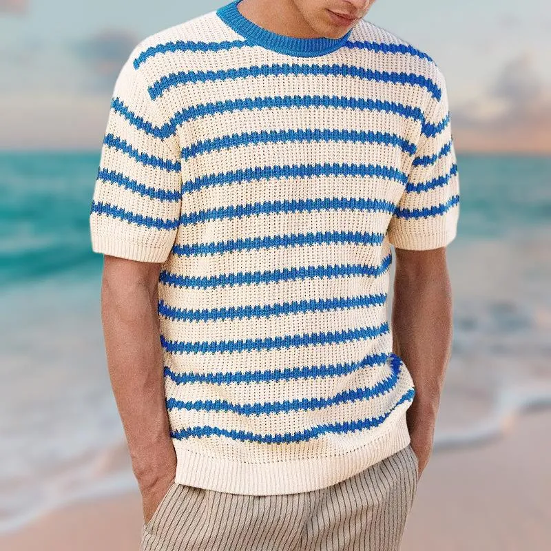 Men's Casual Striped Color Block Crew Neck Short-Sleeved Knitwear Sweater 73182556M sold by Manly product image thumbnail 4