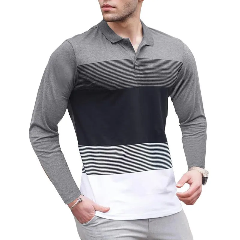 Men's Striped Lapel Long-Sleeved Polo Shirt 65766873Y sold by Manly