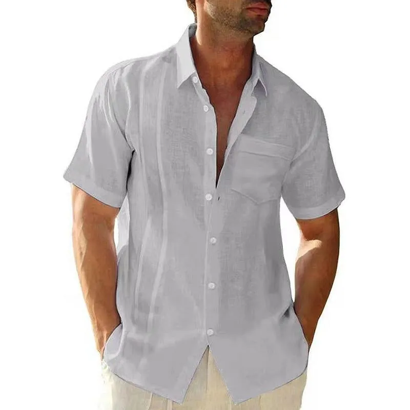 Men's Casual Cotton Linen Lapel Pocket Single Breasted Short Sleeve Shirt 28018313M sold by Manly