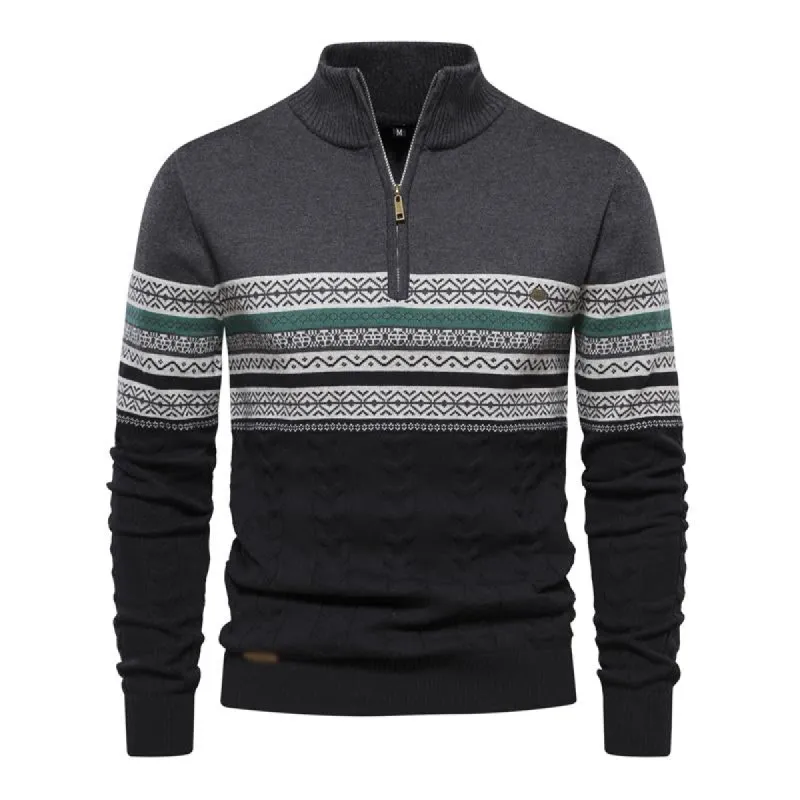 Men's Vintage Jacquard Stand Collar Half-Zip Knitted Pullover Sweater 73454626M sold by Manly