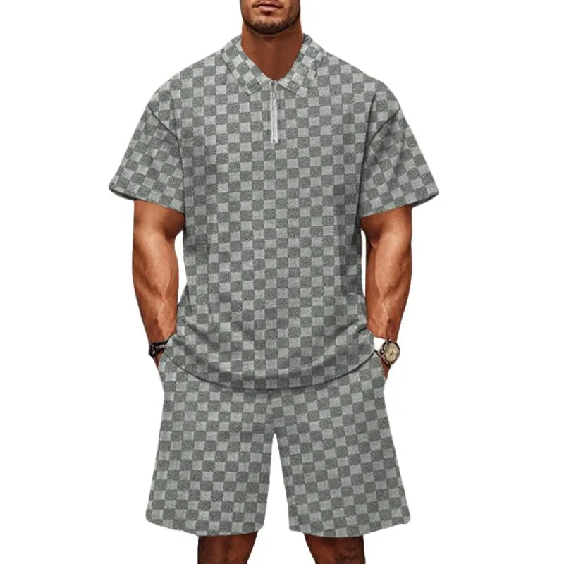 Men's Checkerboard Lapel Short Sleeve Polo Shirt Shorts Loose Casual Set 41717587Z sold by Manly