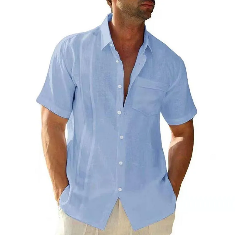 Men's Casual Cotton Linen Lapel Pocket Single Breasted Short Sleeve Shirt 28018313M sold by Manly product image thumbnail 2