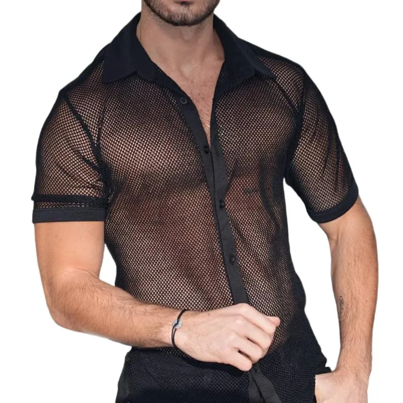 Men's Sexy Hollow Lapel Short Sleeve T-Shirt 04015687TO sold by Manly