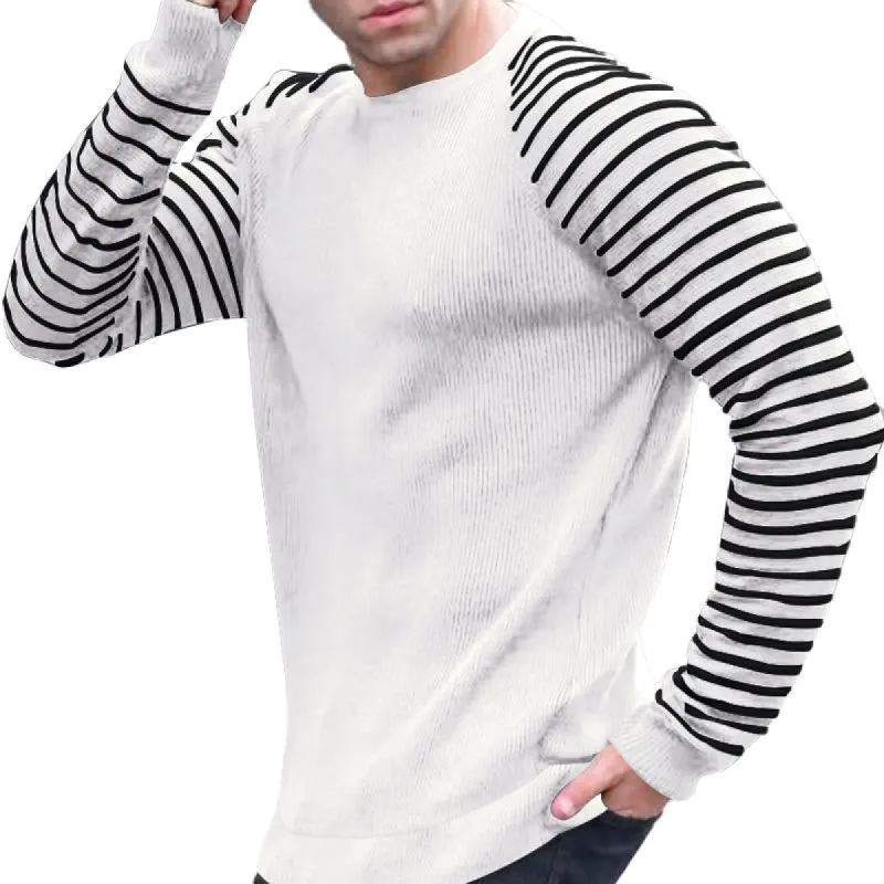 Men's Casual Round Neck Striped Stitching Long-Sleeved Pullover Sweatshirt 47477052M sold by Manly