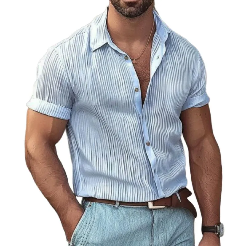 Men's Casual Solid Color Pleated Short Sleeve Shirt 64493483TO sold by Manly