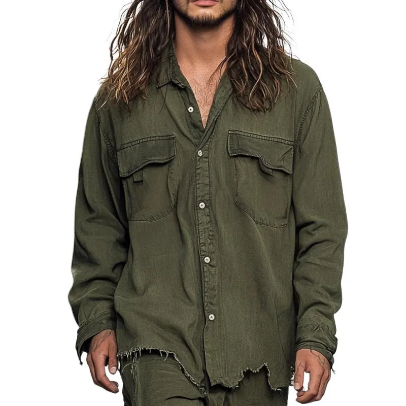 Men's Solid Color Loose Lapel Chest Pocket Long Sleeve Raw Hem Cargo Shirt 48423350Z sold by Manly