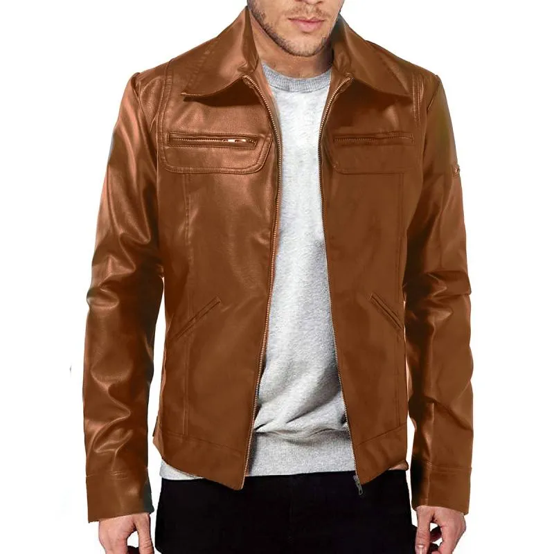 Men's Vintage Lapel Zipper Slim Fit Leather Biker Jacket 49079317M sold by Manly product image thumbnail 2