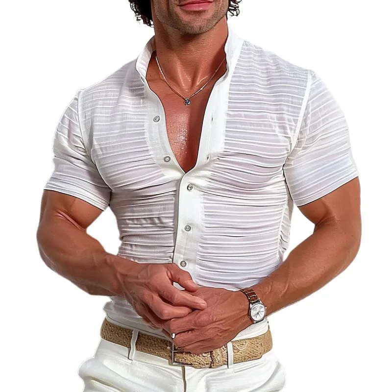 Men's Solid Stand Collar Short Sleeve Casual Shirt 31515363Z sold by Manly