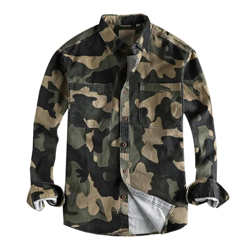 Men's Vintage Camouflage Washed Distressed Cotton Pocket Long Sleeve Shirt 13833126M sold by Manly