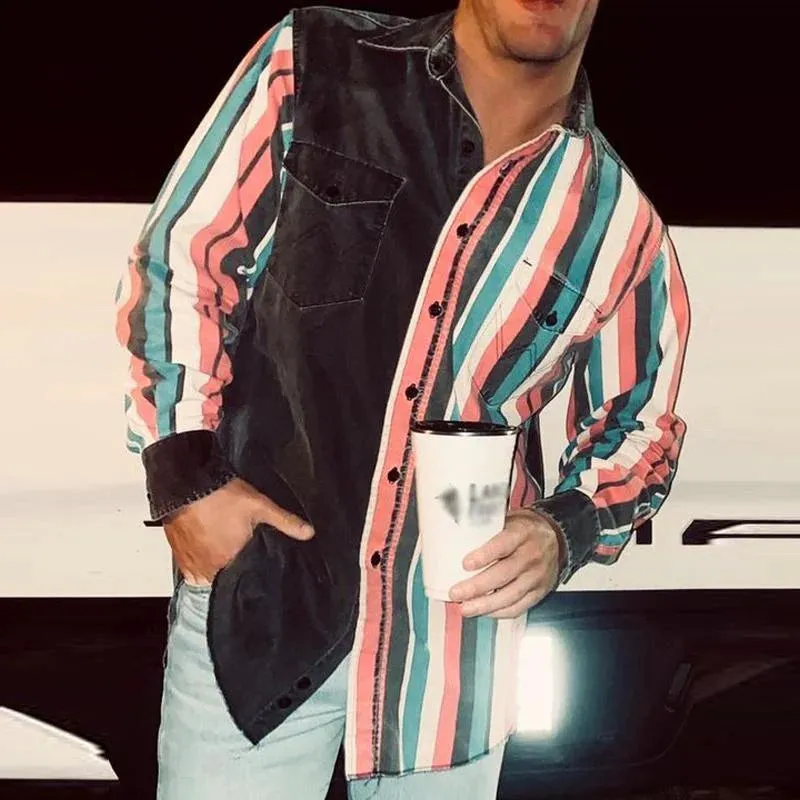 Men's Retro Color Block Printed Loose Long Sleeve Shirt 57994496M sold by Manly product image thumbnail 2