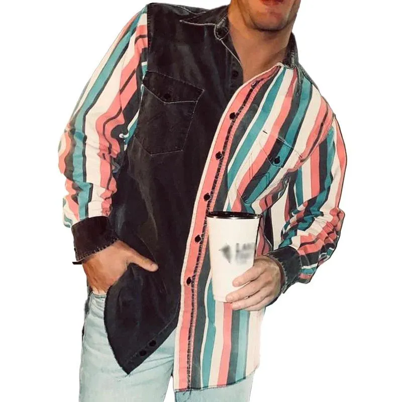 Men's Retro Color Block Printed Loose Long Sleeve Shirt 57994496M sold by Manly