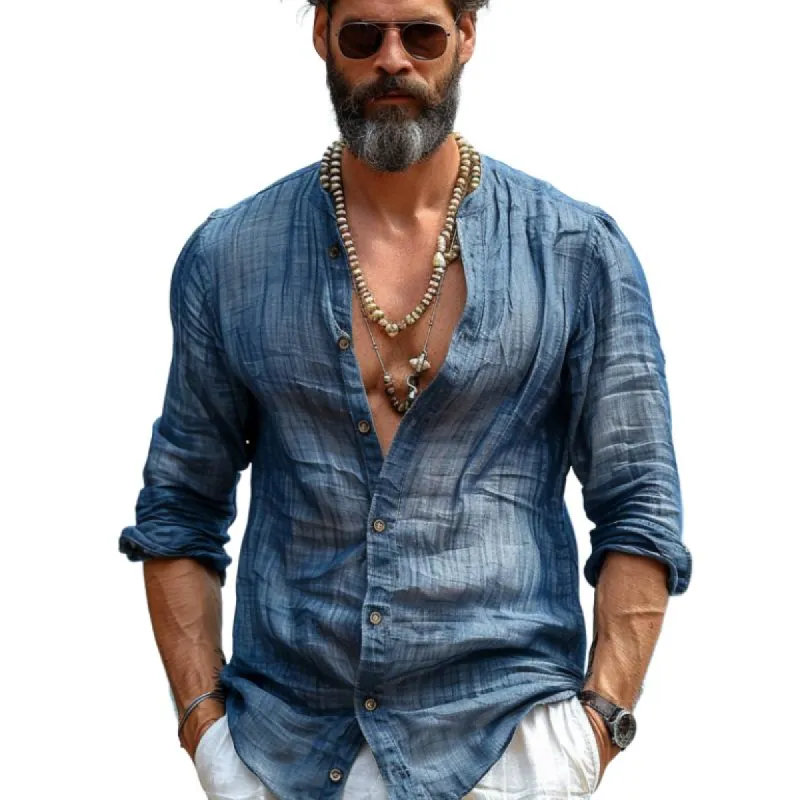 Men's Cotton And Linen Round Neck Long Sleeve Shirt 45690600Y sold by Manly