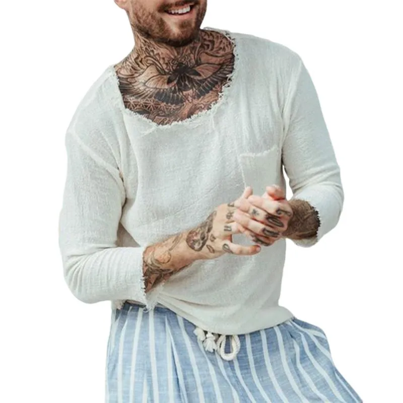 Men's Cotton and Linen Round Neck Long-sleeved T-shirt 42708639X sold by Manly