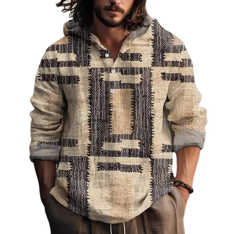 Men's Casual Printed Hooded Long-sleeved Loose Pullover Shirt 78972213M sold by Manly