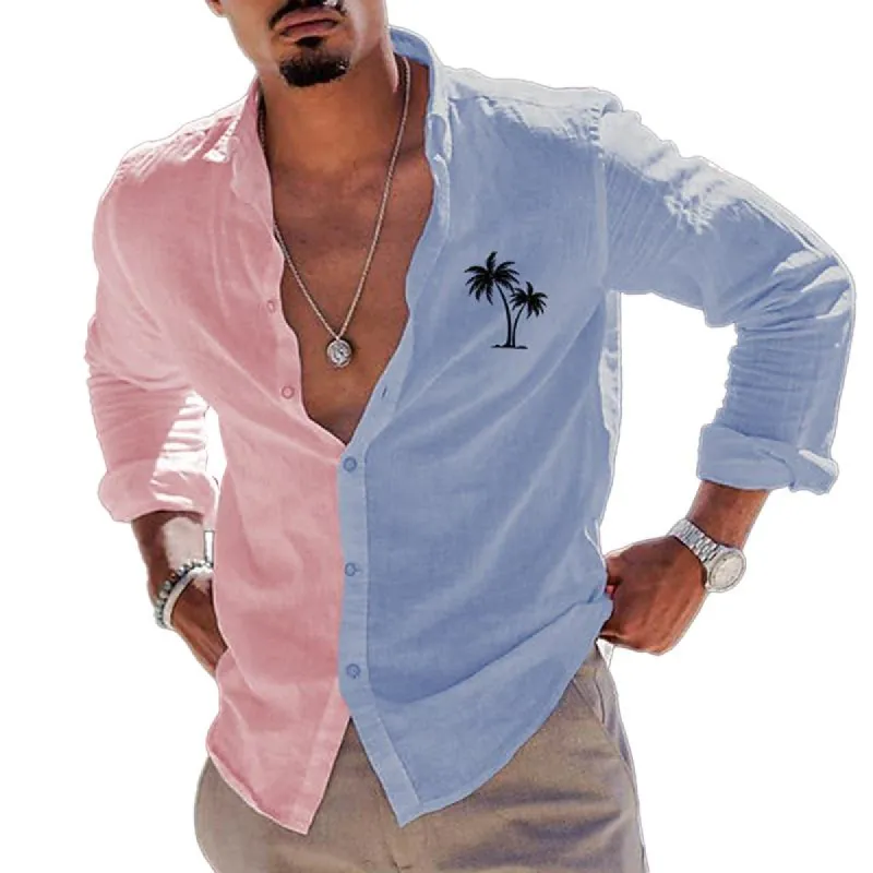 Men's Beach Casual Coconut Tree Print Color Block Long Sleeve Shirt 04276205Y sold by Manly