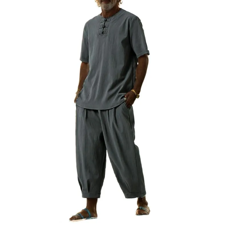 Men's Cotton And Linen Round Neck Short-Sleeved Shirt And Pants Set 22300344Y sold by Manly