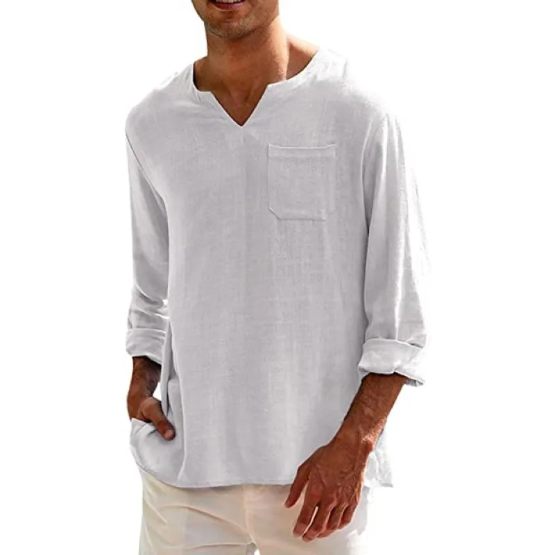 Men's Solid Color Long Sleeve V Neck Casual Beach Linen Shirt 38636263X sold by Manly