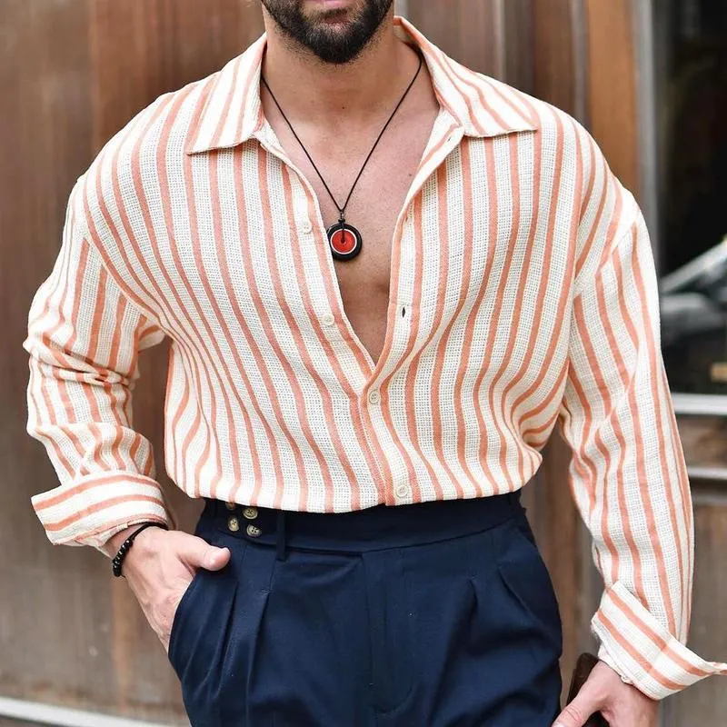 Men's Striped Lapel Long Sleeve Casual Shirt 35584763Z sold by Manly product image thumbnail 2