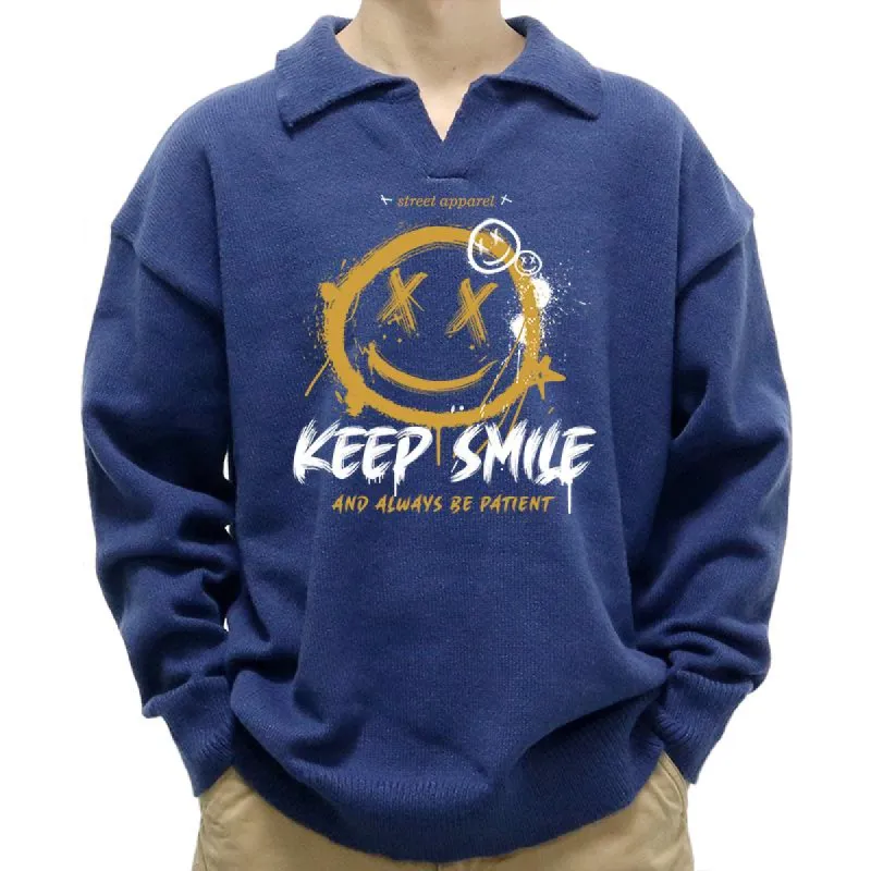 Men's Casual Smiley Print Polo Collar Long Sleeve Pullover Sweater 35496267M sold by Manly