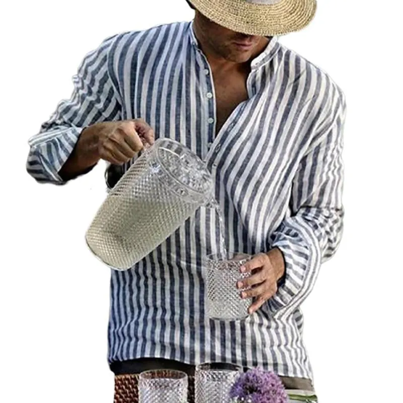 Men's Stand Collar Striped Print Long Sleeve Shirt 72585439X sold by Manly