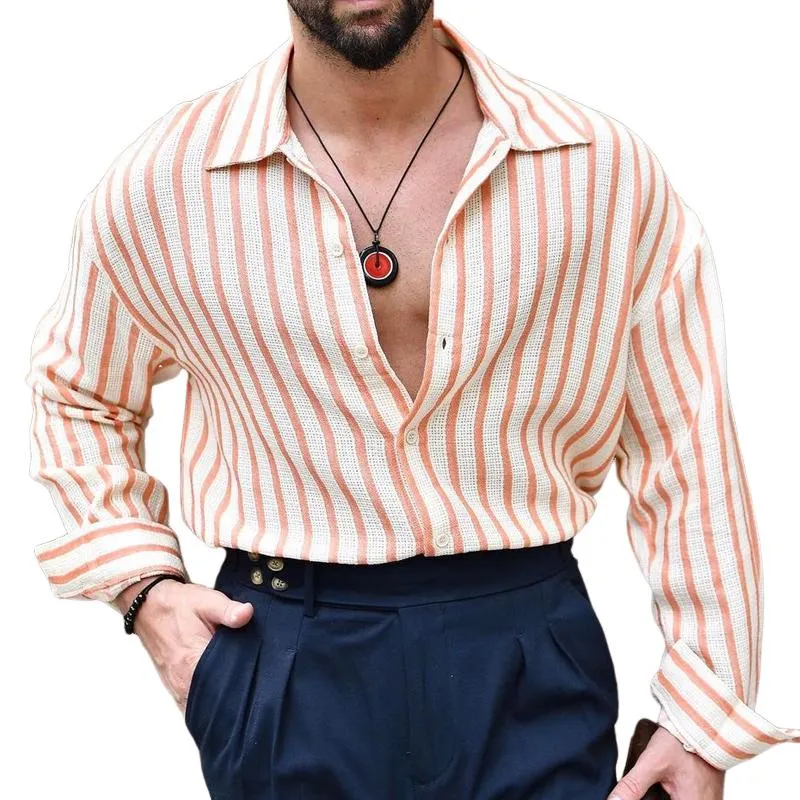 Men's Striped Lapel Long Sleeve Casual Shirt 35584763Z sold by Manly