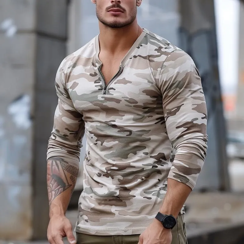 Men's Casual Camouflage Zipper V-Neck Slim Fit Long Sleeve T-Shirt 31030279M sold by Manly product image thumbnail 2
